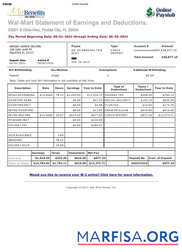 Realistic My Benefits Wal Mart earnings statement sample
